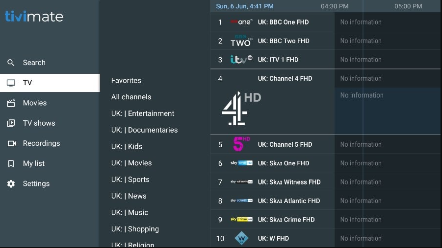 Electronic Program Guide interface for iptv providers on Meezzy TV